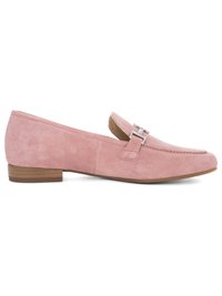 Pink suede loafer with silver buckle detail, low stacked wooden heel, and rounded toe, shown in side profile on white background.