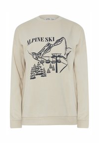 Felpa beige con stampa grafica nera di montagne, alberi e una seggiovia con il testo "ALPINE SKI" sopra. Collo rotondo e maniche lunghe.