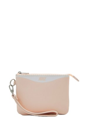 Pouch in nylon rosa con zip argentata, parte superiore curva bianca e tracolla staccabile. Presenta il logo Nike stampato in bianco sulla parte superiore.