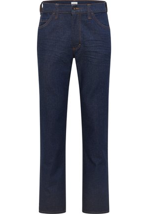 Dunkelblaue Jeans aus Denim mit geradem Bein, ausgestattet mit fünf Taschen, kontrastierenden orangen Nähten sowie einem klassischen Knopf- und Reißverschluss.