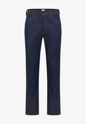 Ciemnoniebieskie dżinsy z prostymi nogawkami, posiadające pięć kieszeni, kontrastowe pomarańczowe szwy oraz klasyczny zamek błyskawiczny z guzikami.