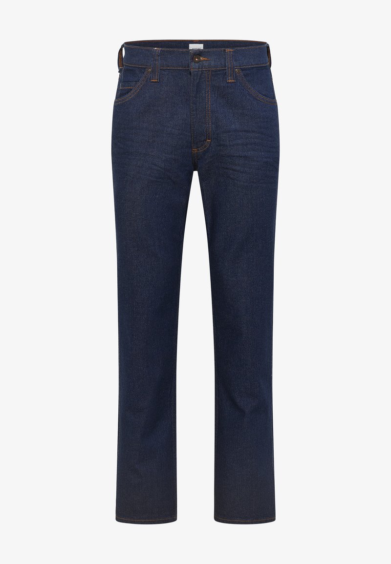 Blugi din denim de culoare albastru închis, cu croială dreaptă, având cinci buzunare, cusături portocalii contrastante și un sistem clasic de închidere cu nasture și fermoar.