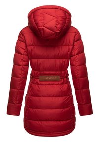 Red insulated puffer jacket with a hood, featuring quilted texture, belted waist, and branded label on the back.