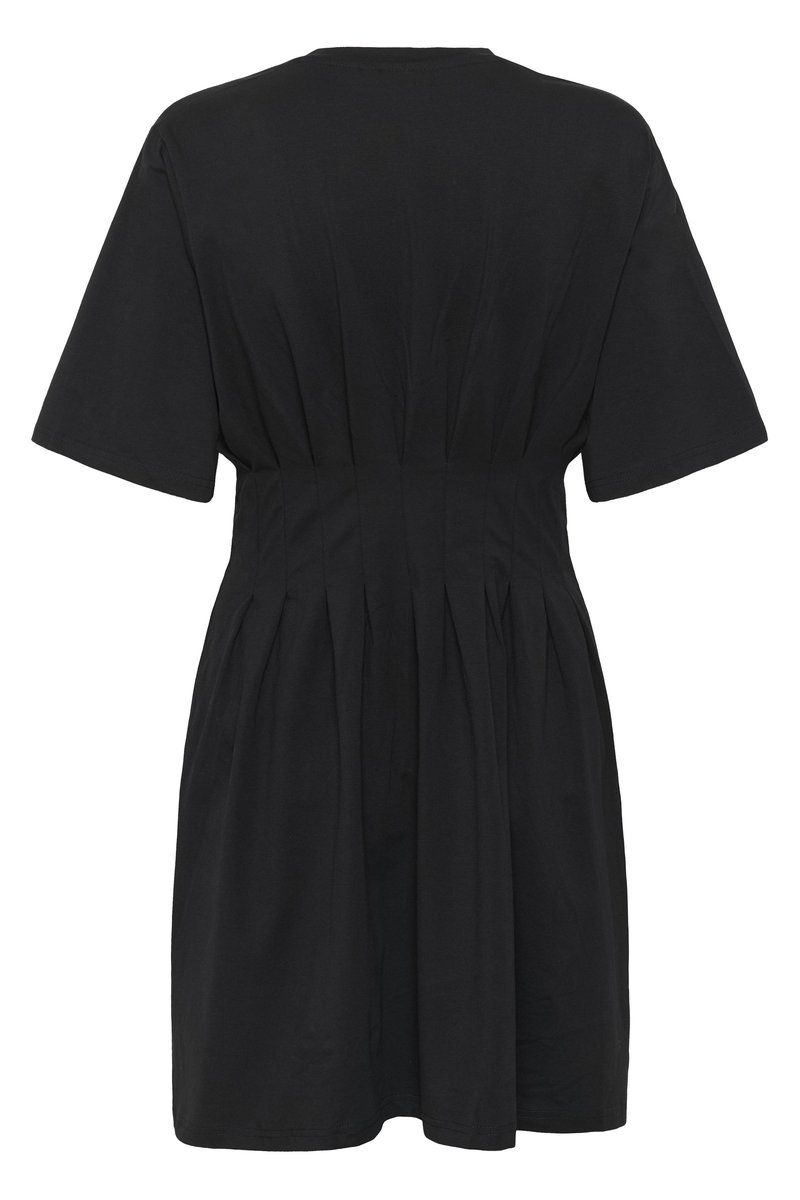 Robe noire à manches courtes avec taille froncée et jupe plissée, vue de dos.