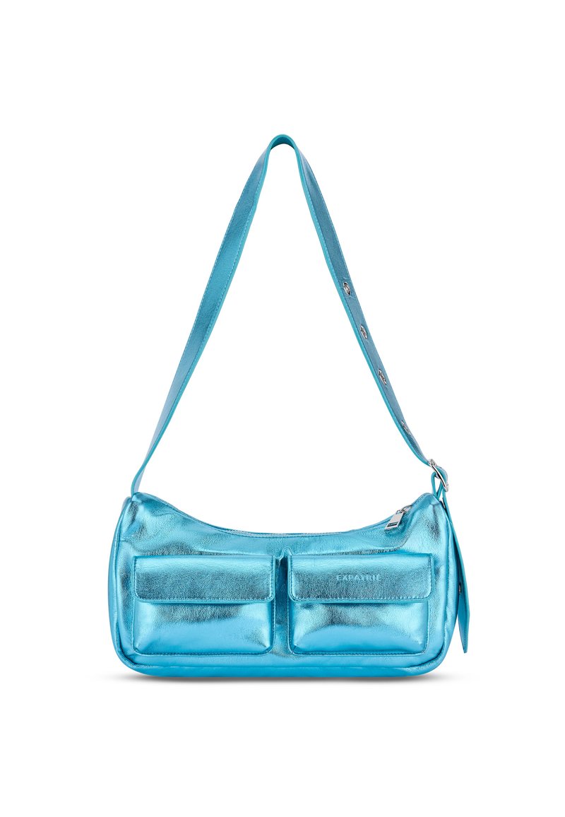 Metallic blue shoulder bag with two front pockets, a curved shape, adjustable strap, and smooth texture. Features silver hardware accents.