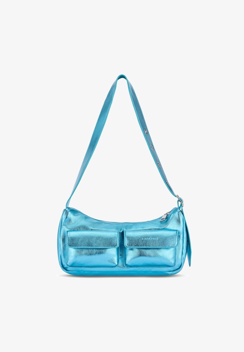 Metallic blue shoulder bag with two front pockets, a curved shape, adjustable strap, and smooth texture. Features silver hardware accents.