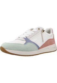 Zapatilla con parte superior de cuero blanco y punta de ante verde menta, acentuada por paneles en lavanda y rosa. Cuenta con un diseño de cordones y un zipper lateral.