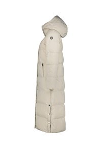 Lange, puffer parka in lichtbeige met een capuchon, zijzak met ritssluiting en drukknopen sluiting. Heeft gecapitonneerde secties voor isolatie.