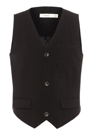 Chaleco de tela negra con escote en V, dos bolsillos frontales y cinco botones. Textura suave y corte ajustado para una silueta estructurada.