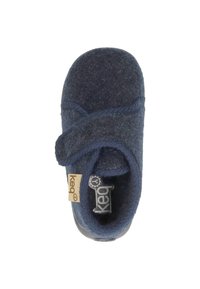 Dark blue felt slipper with a cross-over strap design, a textured surface, and a rubber sole, featuring a branding tag on the side.