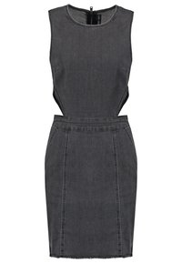 Robe en jean gris foncé sans manches avec encolure ronde, découpes latérales, taille cintrée, coutures verticales et ourlet brut.