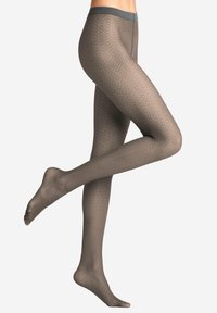 Gemusterte Strumpfhosen mit einem geometrischen Design in einem sanften bräunlich-grauen Farbton, mit einer glatten Textur und einem festen Bund oben.