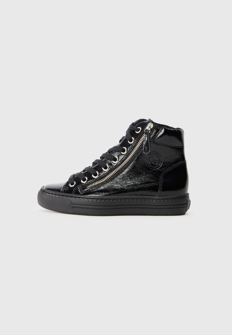 High-top black sneakers with a glossy patent finish, featuring a side zipper, lacing detail, and rubber sole with textured accents.
