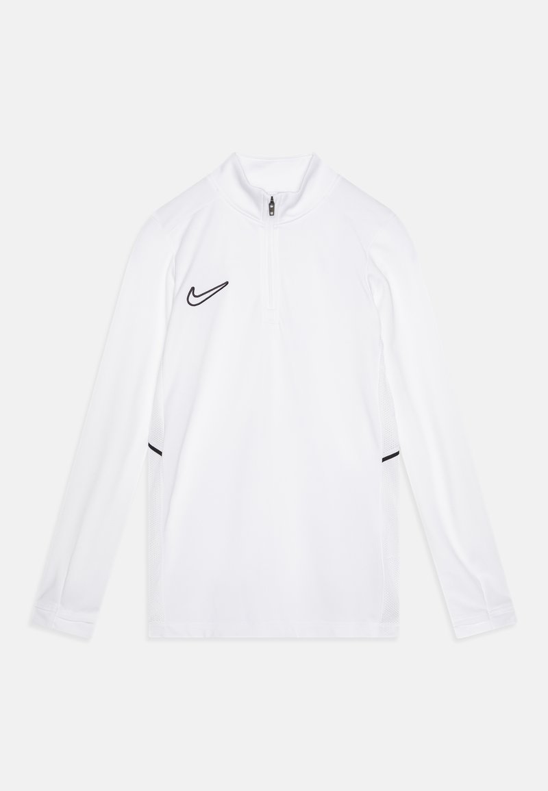 Haut de sport blanc à manches longues avec un col zippé mi-haut, accents noirs sur les manches et logo, fabriqué à partir d'un tissu léger et texturé.