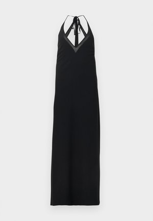Vestido maxi preto com gola halter, decote em V profundo e alças com laço. Apresenta um corte justo e direito e tecido suave para um uso confortável.