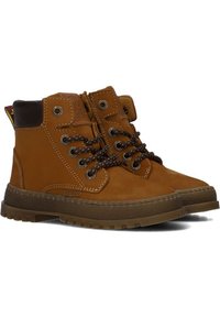 Bruine leren enkellaarzen met ronde veters, metalen veterogen, een gestructureerde rubberen zool en een gevoerde bruine kraag.
