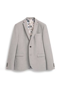 Blazer grigio con chiusura a un bottone, rever a punta, due tasche frontali e fodera a motivi floreali. Tessuto testurizzato con vestibilità su misura.