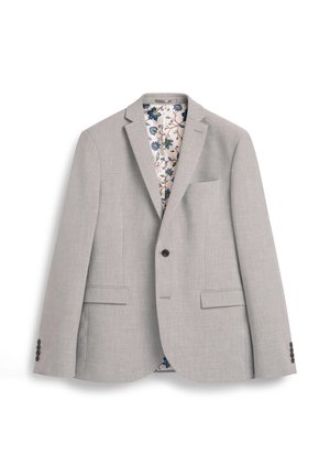 Blazer grigio con chiusura a un bottone, rever a punta, due tasche frontali e fodera a motivi floreali. Tessuto testurizzato con vestibilità su misura.