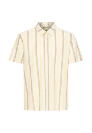 Chemise à manches courtes avec boutonnières, rayures verticales beige, blanches et jaune clair, et col classique.