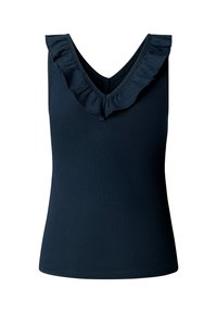 Marinblå linne med V-ringning och volangkant vid halsringningen. Tillverkad av ribbad tyg, den har en figurnära silhuett och är ärmlös.