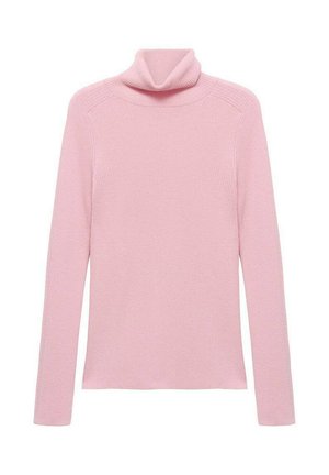 Rosa långärmad ribbade tröja med en vikt hög krage, uppvisad liggande på en vit bakgrund.