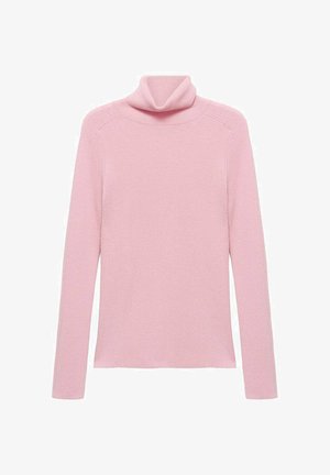 Maglione a maniche lunghe rosa a costine con colletto a pieghe, mostrato piatto su uno sfondo bianco.