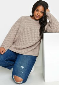 Maglione in maglia beige con un motivo testurizzato, vestibilità ampia e scollatura a girocollo, abbinato a jeans blu strappati e sneakers bianche.