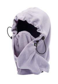 Balaclava en polaire de couleur violet clair, dotée d'une ouverture resserrée et de cordons ajustables noirs. Texture douce et doublure intérieure confortable.