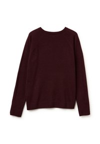 Bordowy sweter dzianinowy z okrągłym dekoltem i długimi rękawami raglanowymi. Gładka tekstura i prążkowane wykończenie. Prosty design, bez widocznych wzorów czy dodatków.