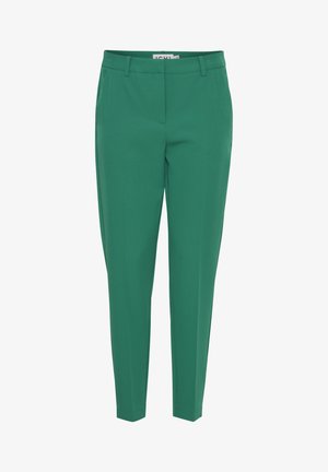 Pantalones ajustados verdes fabricados con tela suave, con un diseño de pierna recta, bolsillos frontales y trabillas para cinturón para un ajuste ajustable.