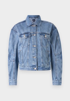 Light blue denim jacket with a cropped design, chest pockets, silver buttons, and stitched accents on sleeves and body. Classic collar style.