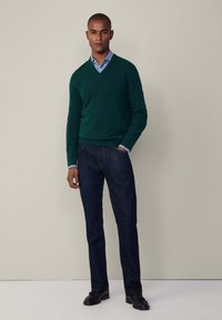 Vihreä V-kauluksinen neule, jonka päällä vaaleansininen paita, yhdistetty tummansinisiin farkkuihin ja mustiin kenkiin. Pintamateriaali on sileä ja istuvuus on tiivis.