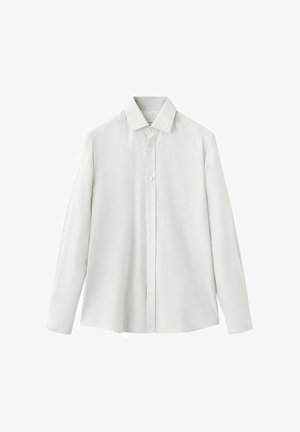 Witte lange mouwen button-up shirt met verticale strepen, een frisse kraag en afgeronde manchetten. Gladde textuur, lichtgewicht stof, standaard pasvorm.
