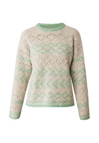 Stickad tröja i ljusbeige med geometriska mönster i mintgrön. Har rund halsringning och texturerade detaljer. Långa ärmar.