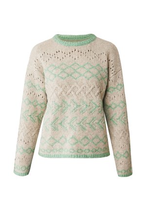 Sweter dzianinowy w jasnym beżu z geometrycznymi wzorami w miętowej zieleni. Posiada okrągły dekolt i teksturowane akcenty. Długie rękawy.