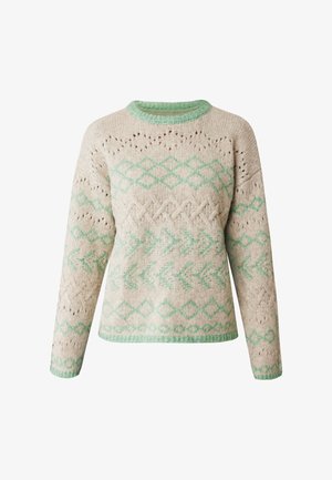Sweter dzianinowy w jasnym beżu z geometrycznymi wzorami w miętowej zieleni. Posiada okrągły dekolt i teksturowane akcenty. Długie rękawy.