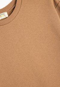 Brązowa sweatshirt dziecięca, wykonana z miękkiej bawełny, z ryżowym dekoltem i gładką fakturą. Brak widocznych wzorów lub grafik.
