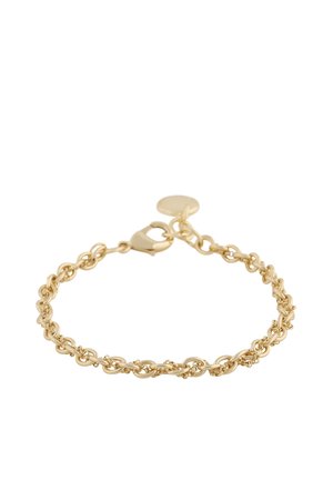 Fint armbånd i guldkæde med sammenhængende ovale led, lås med hummerlås og lille rund vedhæng på hvid baggrund.