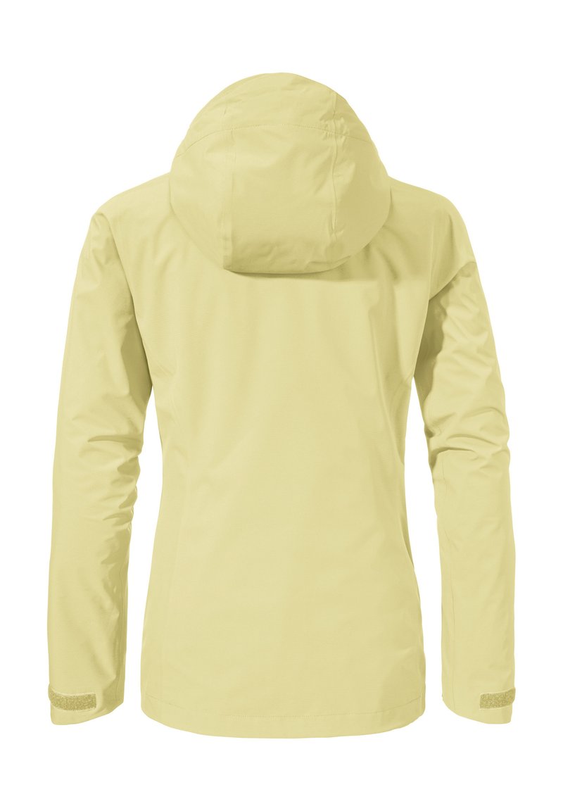 Lichtgele buitenjas met een capuchon, lange mouwen en een gestructureerde stof, voorzien van verstelbare manchetten en zonder zichtbare hardware.