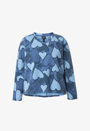 Modrá košile s dlouhým rukávem, zdobená srdíčky v různých velikostech v tmavě modré a světle modré barvě, s výstřihem do V.