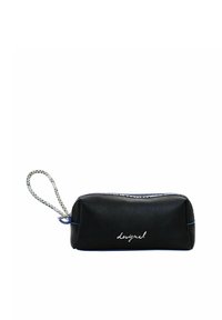 Black synthetic pencil case with a smooth texture, featuring a blue accent line and a woven wrist strap. Decorative white logo on the front.