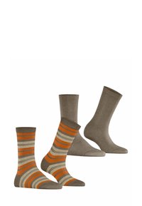 Set bestehend aus drei Paar Socken: einfarbig braun, einfarbig grau und gestreift in braun, orange, creme und grau. Aus weichem Baumwollmaterial, mittellange bis zur Wadenhöhe.