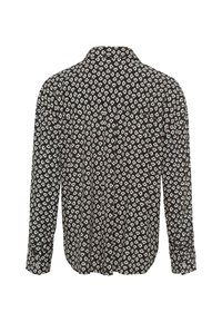 Blusa nera con un design a motivi in bianco e azzurro chiaro, maniche lunghe, colletto e una vestibilità ampia con pieghe sul retro.