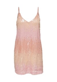 Robe à sequins présentant un motif dégradé de nuances rose pâle et pêche, encolure en V et fines bretelles réglables. Texture lisse sur toute la surface.