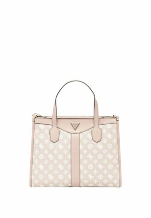 Sac cabas rose clair avec motif monogramme blanc, deux anses et une petite plaque triangulaire avec logo en haut au centre.