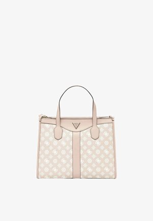 Sac cabas rose clair avec motif monogramme blanc, deux anses et une petite plaque triangulaire avec logo en haut au centre.
