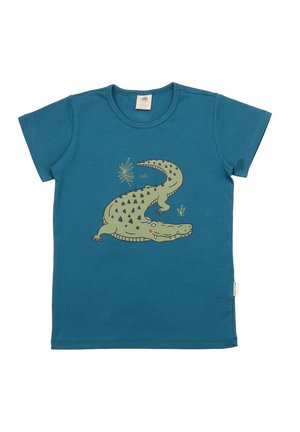 Teal cotton T-shirt featuring a cartoon crocodile graphic in green with black spots, short sleeves, and a round neckline.