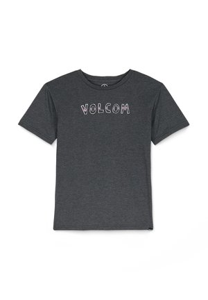 Graues T-Shirt aus weicher Baumwolle. Verfügt über kurze Ärmel und einen Rundhalsausschnitt. Auf der Vorderseite steht das Wort "VOLCOM" in bunten, verspielten Buchstaben.
