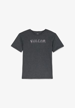 T-shirt grigia realizzata in morbido cotone. Presenta maniche corte e scollo rotondo. Nella parte anteriore è stampata la parola "VOLCOM" in caratteri colorati e giocosi.