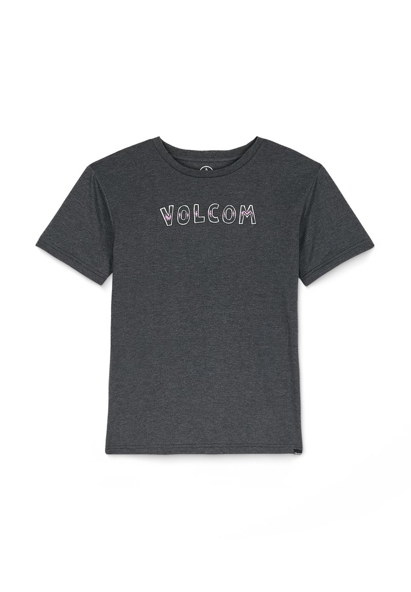 Camiseta gris hecha de algodón suave. Presenta mangas cortas y un cuello redondo. En el frontal se muestra la palabra "VOLCOM" en letras coloridas y juguetonas.